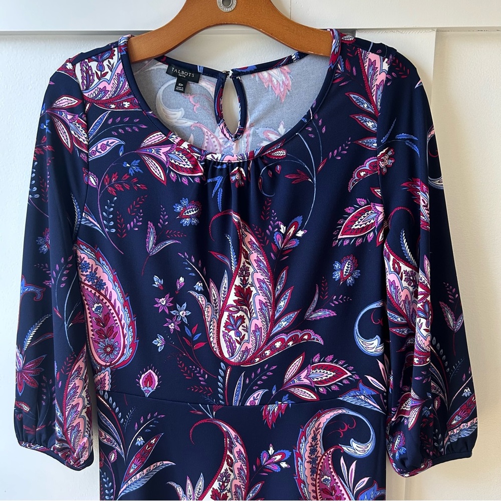 Talbots Petite Women's Dress Blue Pink Paisley Midi Travel Office‎ Preppy 12P - Picture 2 of 10